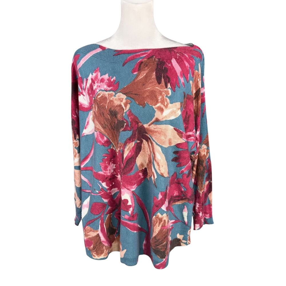 Chico's 2 L Boatneck Pullover Sweater 3/4 Dolman Sleeves Blue Pink Brown Floral